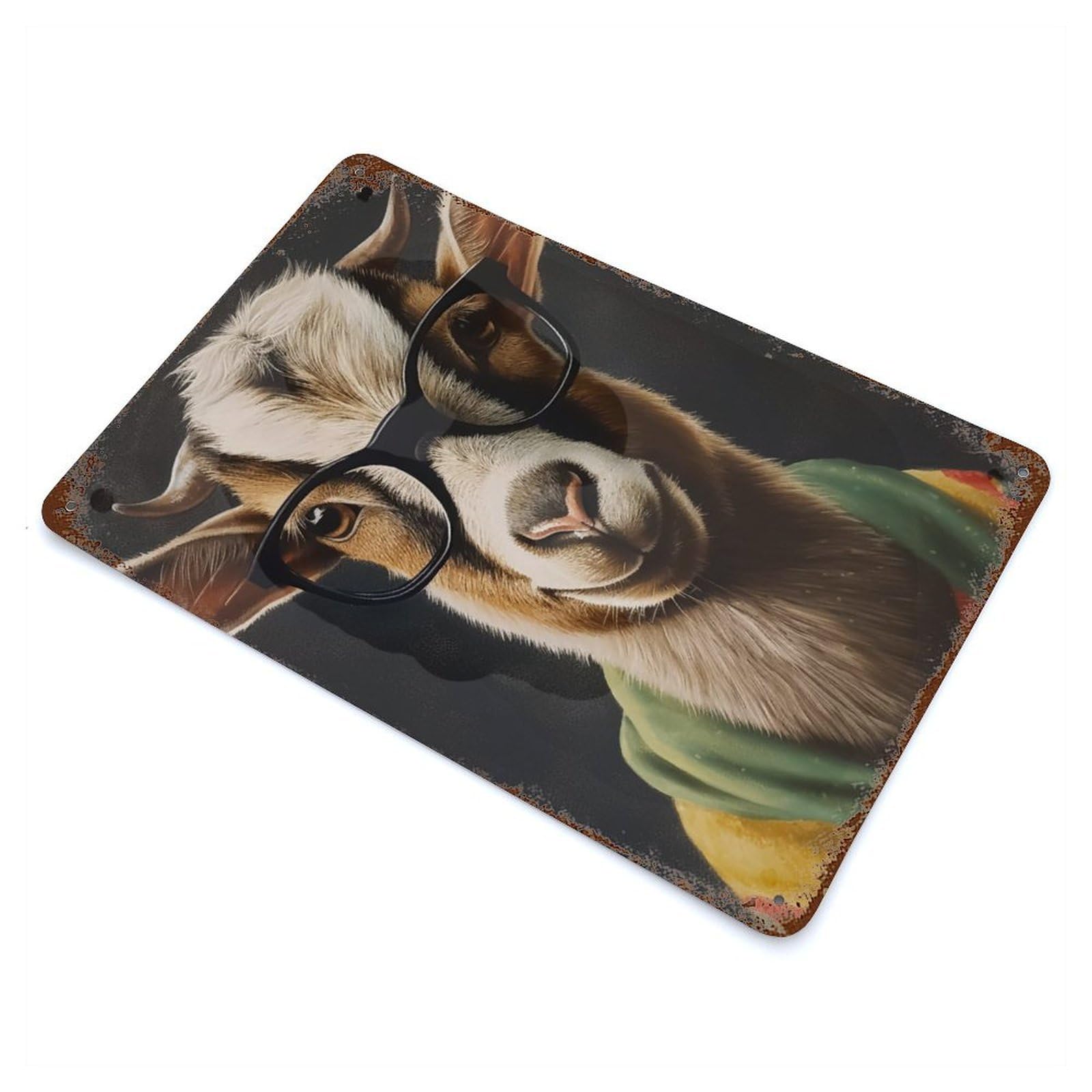 Goat with Glasses 11.8"x7.9" Distressed Metal Wall Sign, Shabby Chic Decor for Office, Studio And Wall Decor