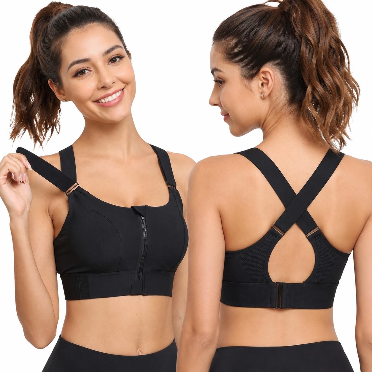 Women’s High Support Sports Bra for Gym, Running & Yoga | Front Zip Closure | Adjustable Velcro Straps | Convertible X-Back & H-Back | Non-Slip Full Coverage Workout Bra-image-34