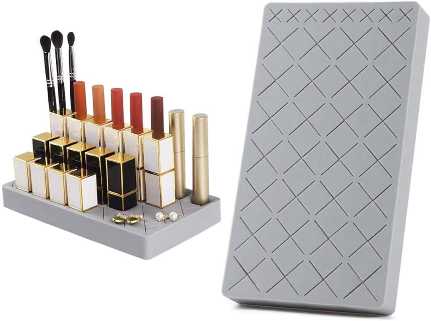 DELFINO Lipsticks Silicone Holder, Upgraded Cosmetic Display Case Organizer Stand for Lip Stick Nail Polish, Brushes Eyebrow Pencil and More Premium Makeup Storage Case (Light Gray)