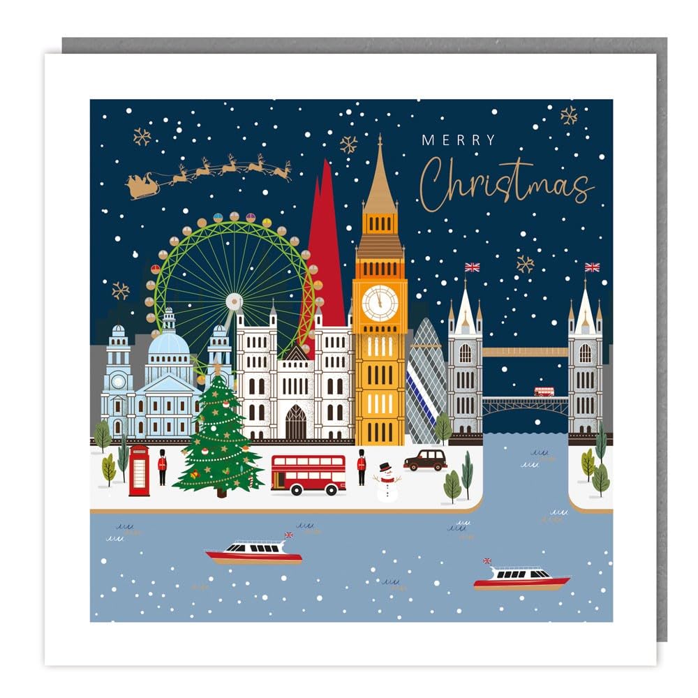 Tracks Publishing Charity Christmas Card Pack of 5, Snowy London Landmarks, Foil Finish, Christmas Card Multipack