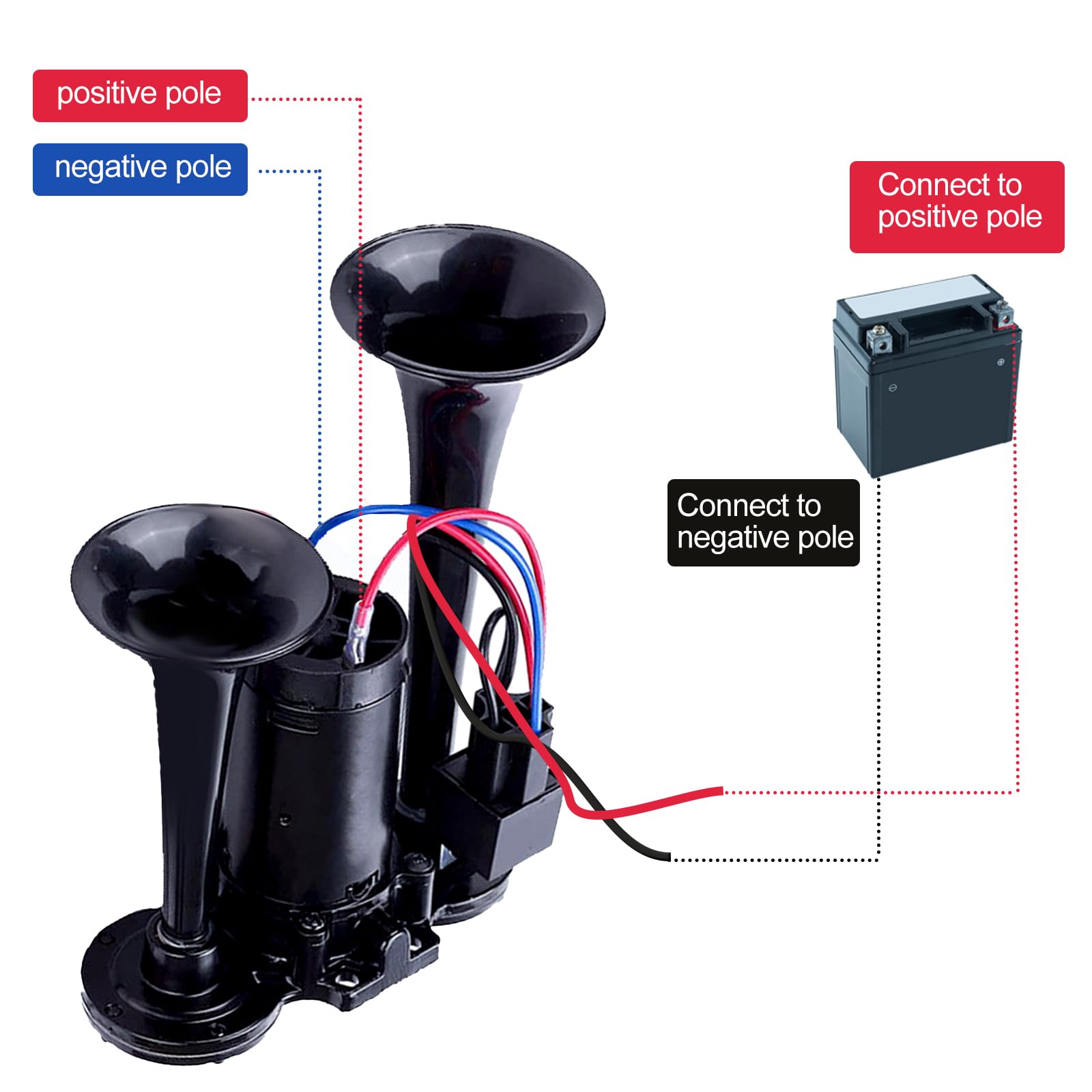 Klaxon à air pour camion 150 dB 12 V double trompette super puissant avec compresseur pour camions, trains, camions, voitures, bateaux (noir)