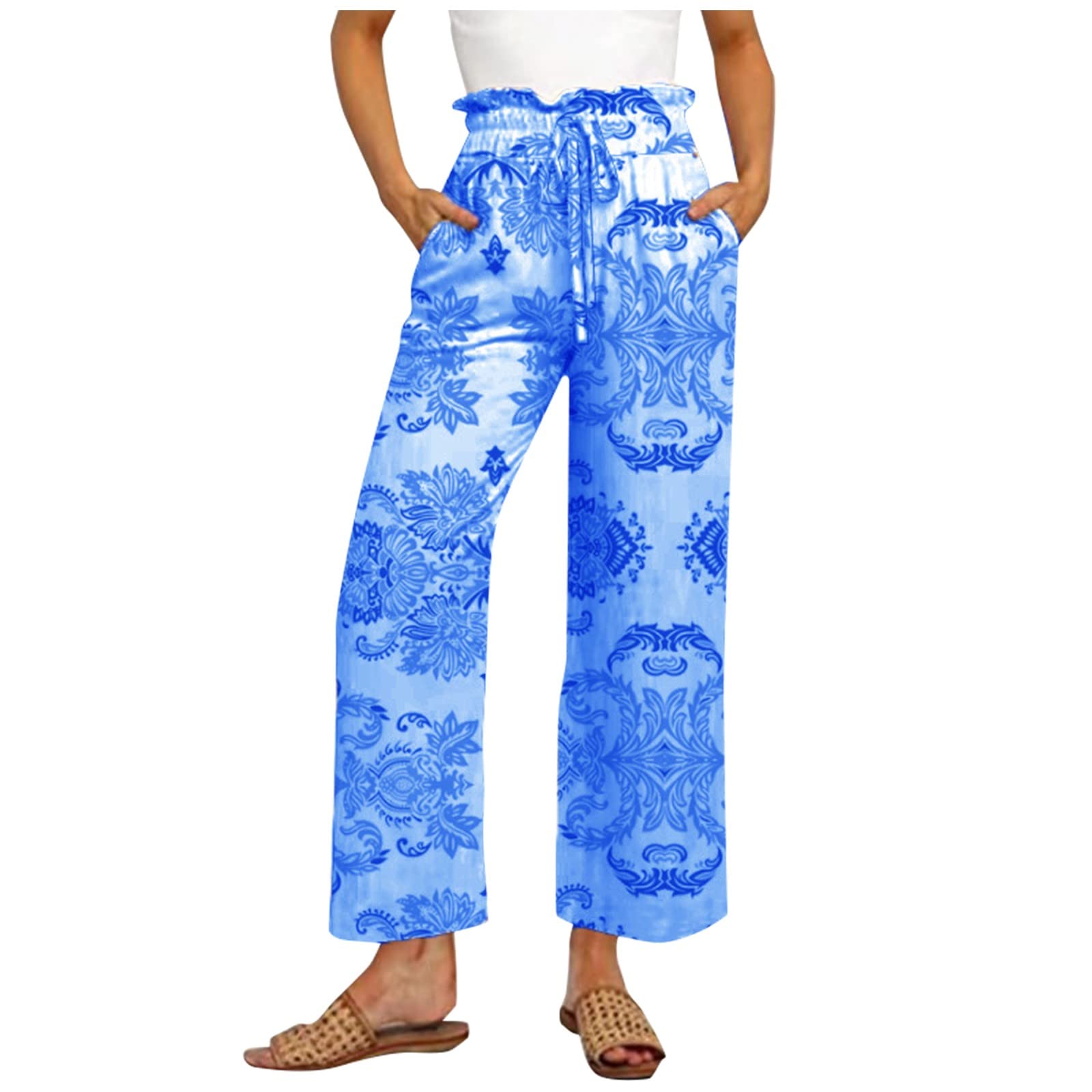 KQC Ladies Fall Pants Ladies Fall Casual Loose Drawstring high Waisted Wide Leg Pants Bohemian Style Wide Leg Pants S-3XL