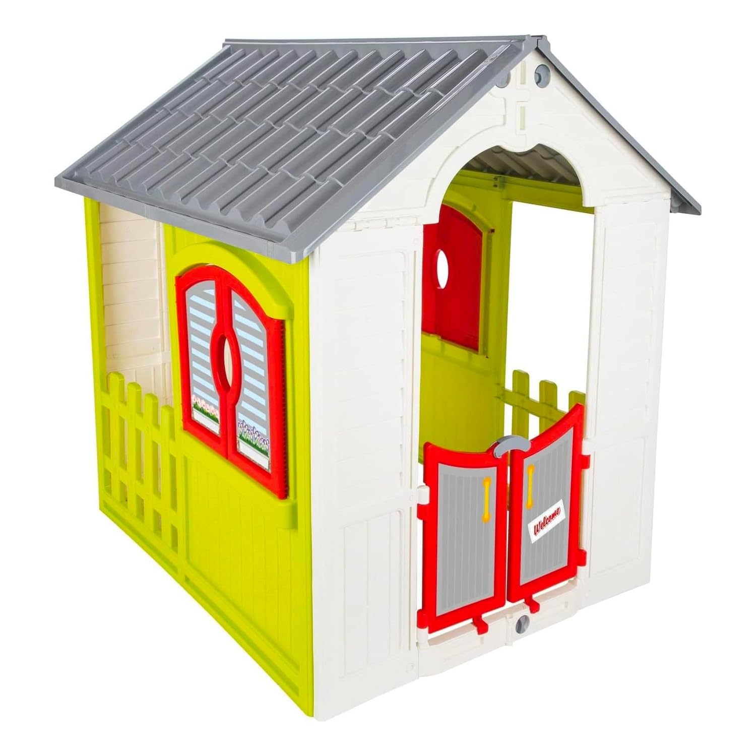 Casetta da Giardino per Bambini, Pieghevole, Design Cottage con Tetto Grigio, Pareti Bianche e Gialle