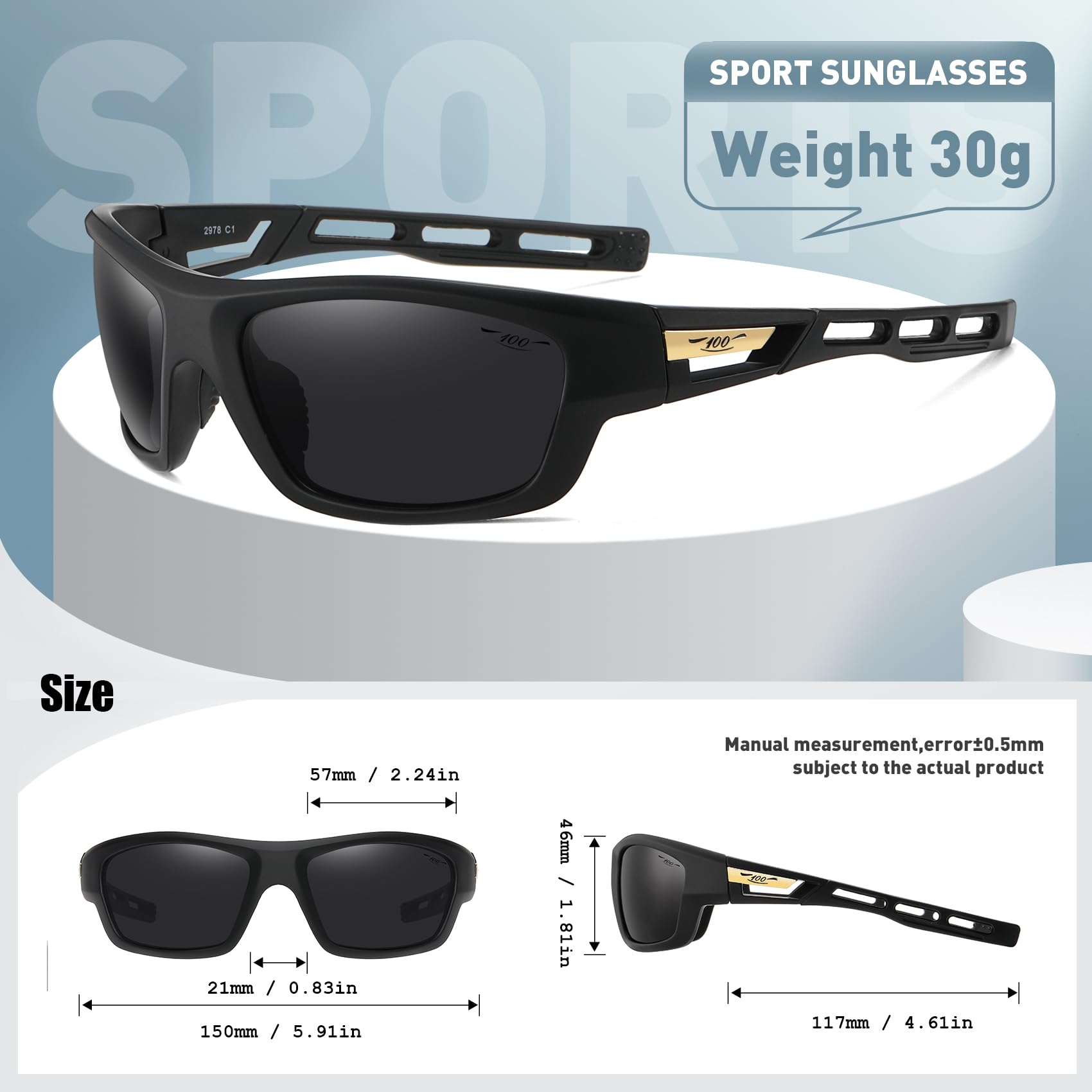 100 CLASSIC Polarized Sports Sunglasses for Men and Women TR90 UV 400 Protection FHD Lens Lightweight Durable 2978C1