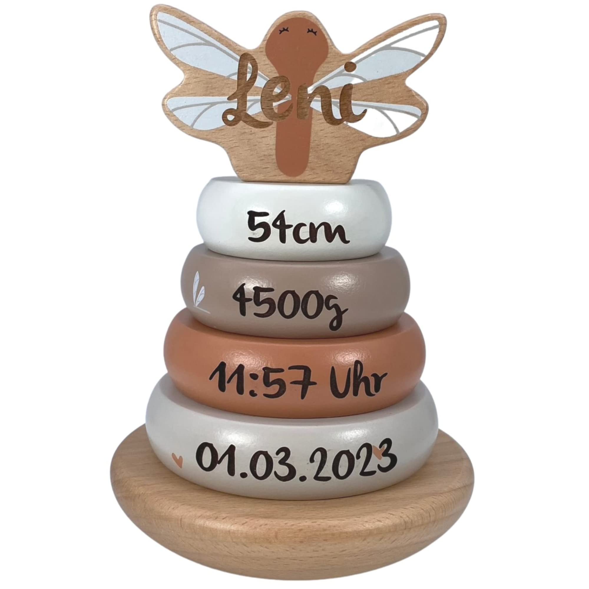 Mainely Personalisierbarer Holz-Stapelturm Nougat – fördert Feinmotorik & Koordination – für Kinder ab 12 Monaten – mit Name & Geburtsdaten - Label Label