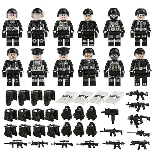 PLOK Lot de 12 mini figurines d'armes de l'armée, jouets militaires Swat, blocs de construction compatibles avec les grandes marques Cover