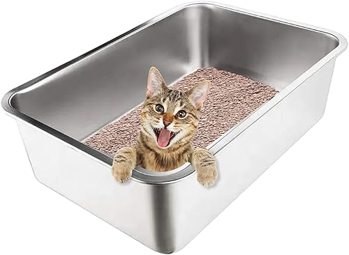 Caja de arena para gatos de acero inoxidable con lados altos, nunca absorbe olores, manchas ni se oxida, superficie lisa antiadherente para gatos y