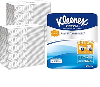 トイレットペーパー クリネックス シングル 長持ち 8ロール×1P & ティッシュペーパー スコッティ10箱(5箱×2P) 秋田市オリジナル