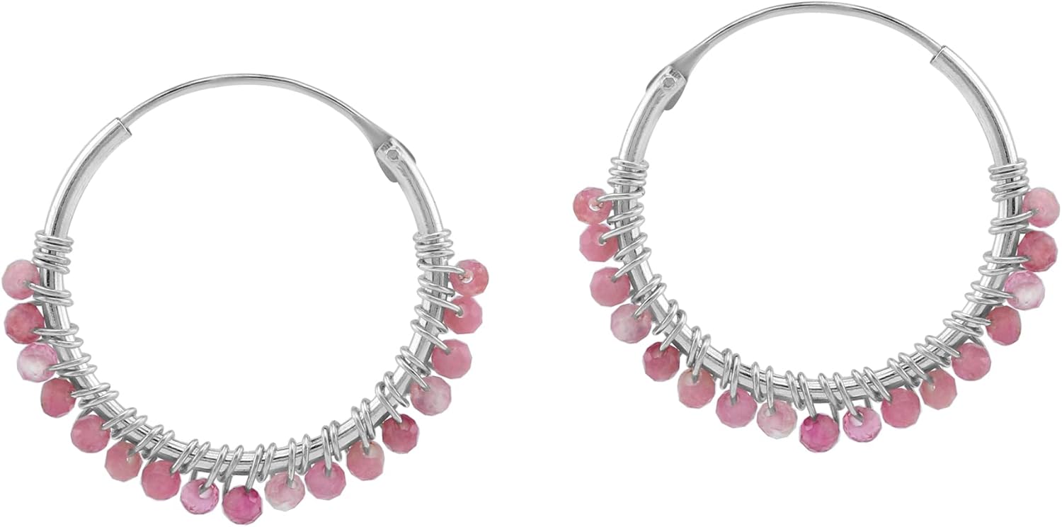 Silvershake 20MMx2MM Natural Gemstone Beads 925 Sterling Silver 0.79 Inch Wire Wrapped O Hoop Earrings Jewelry for Women
