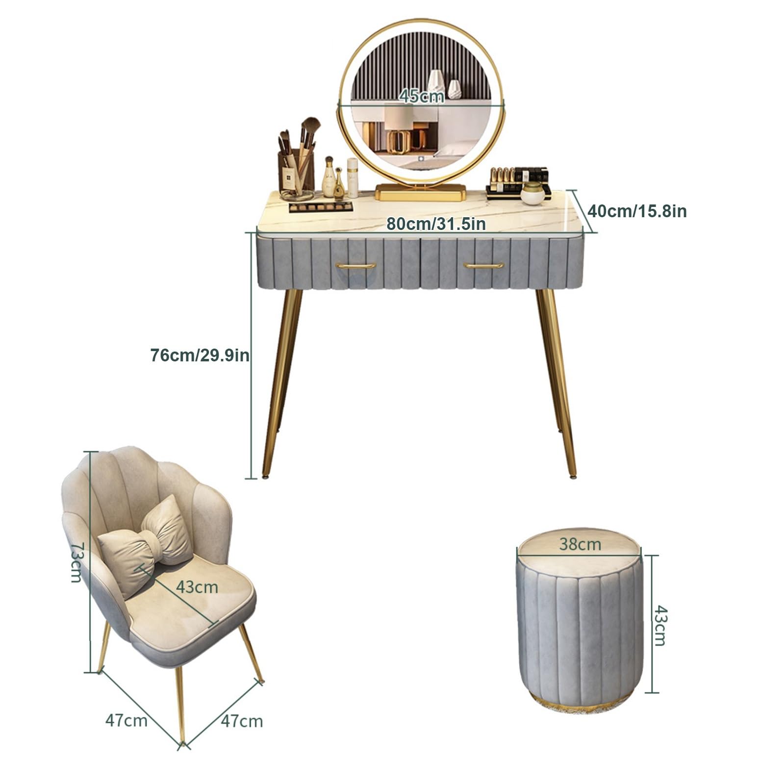 Holz Schminktisch mit LED-Spiegel und gepolstertem Hocker-Set, stilvoller Schminktisch für Schlafzimmer oder Ankleidezimmer, modernes Design für Mädchen und Frauen (Milchweiß, 80cm / 31.5in)
