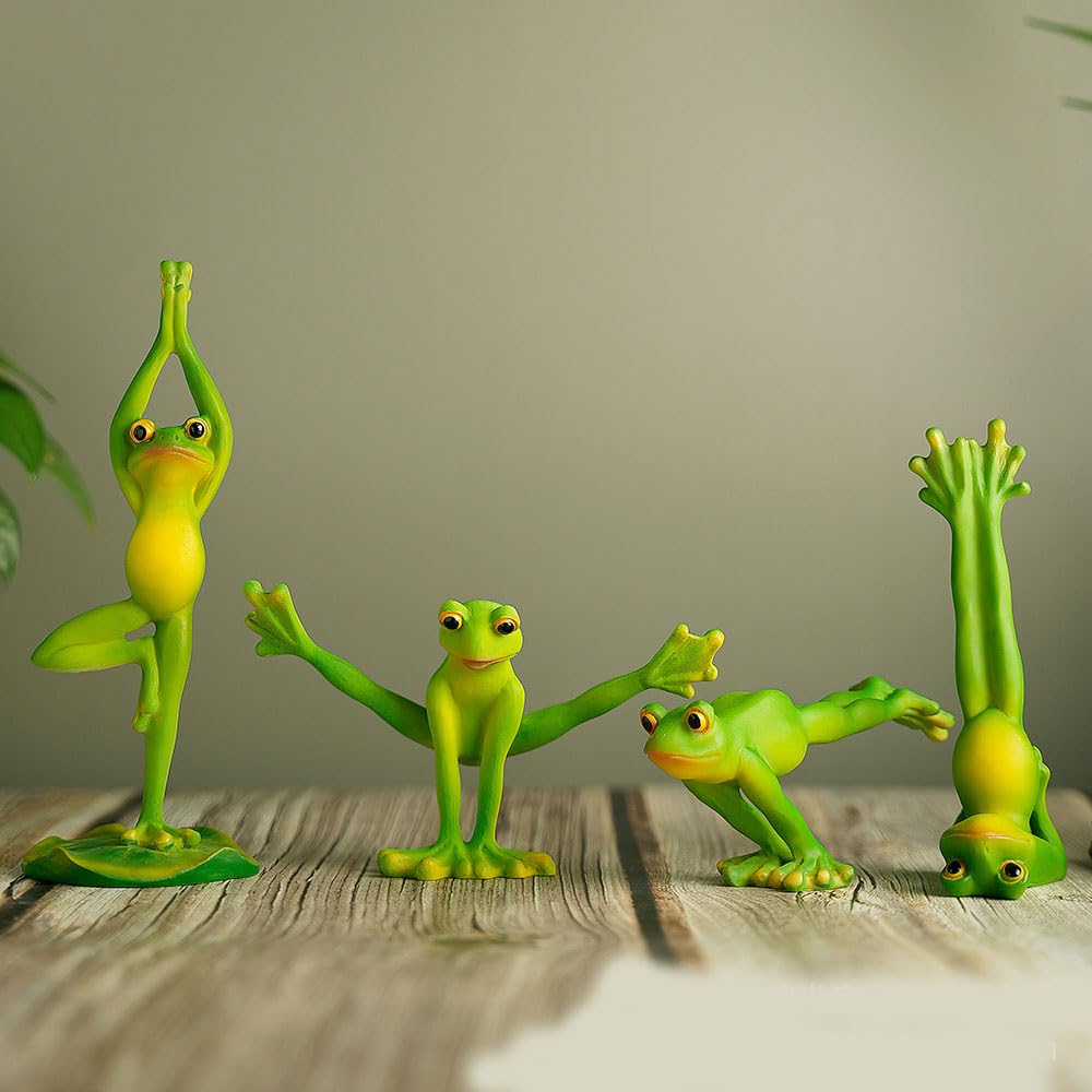 Xzyden 4Pcs Yoga Frog Statue Decor for Indoor Outdoor Gardens Homes,Weather Resistant,Perfect as Desktop Centerpiece, Pot Accessory, Wall Hanging, Animal Theme Gift,Green,6x6.5x17cm
