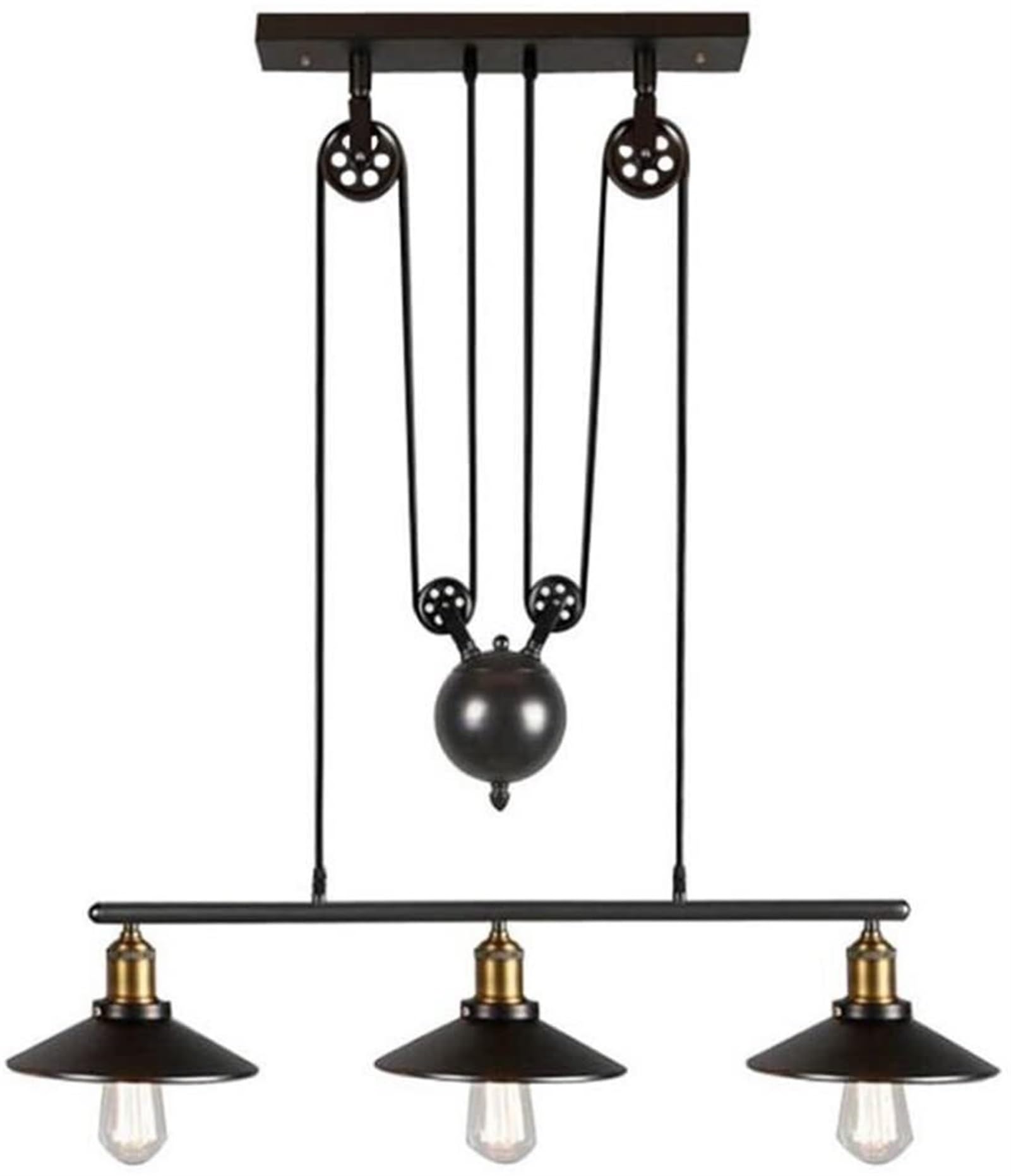 BLOOHK Industrial Pulley Pendant Light, Retractable Rise and Fall Ceiling Hanging Lamp, Vintage Loft Lighting Fixture for Kitchen Island, Bar & Dining Room(3-Lighting)