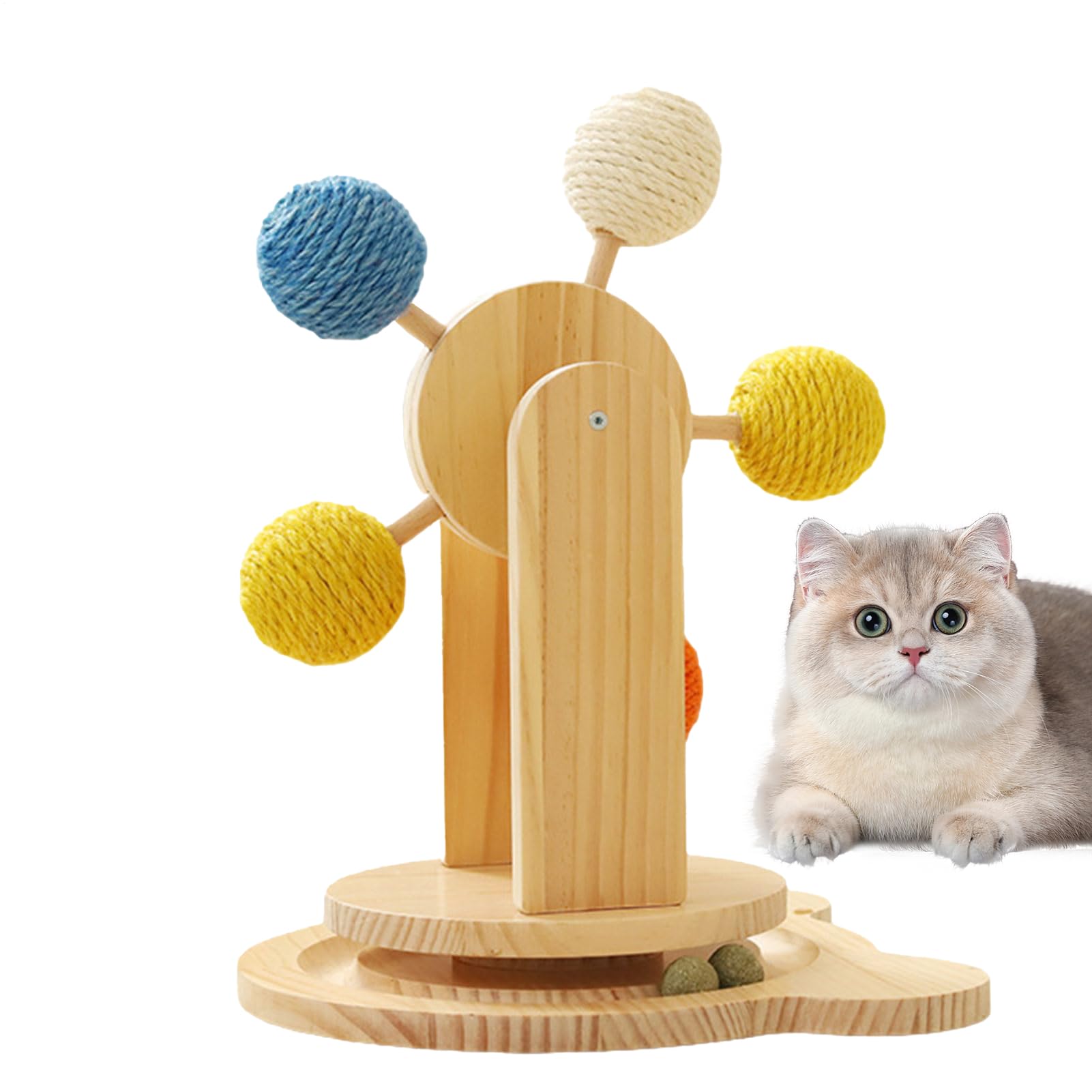 Arbre à chat rotatif en bois avec 5 balles à gratter en sisal pour petits chats