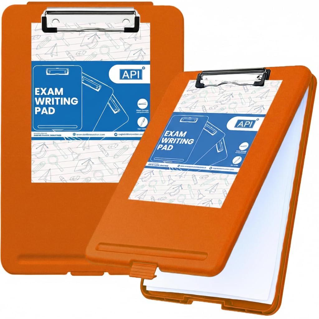 - A4 Plastic Clipboard with Storage Box & Pen Holder | Portable Document Organizer for School, Office & Travel | Durable Writing Pad for Students & Professionals (Orange)