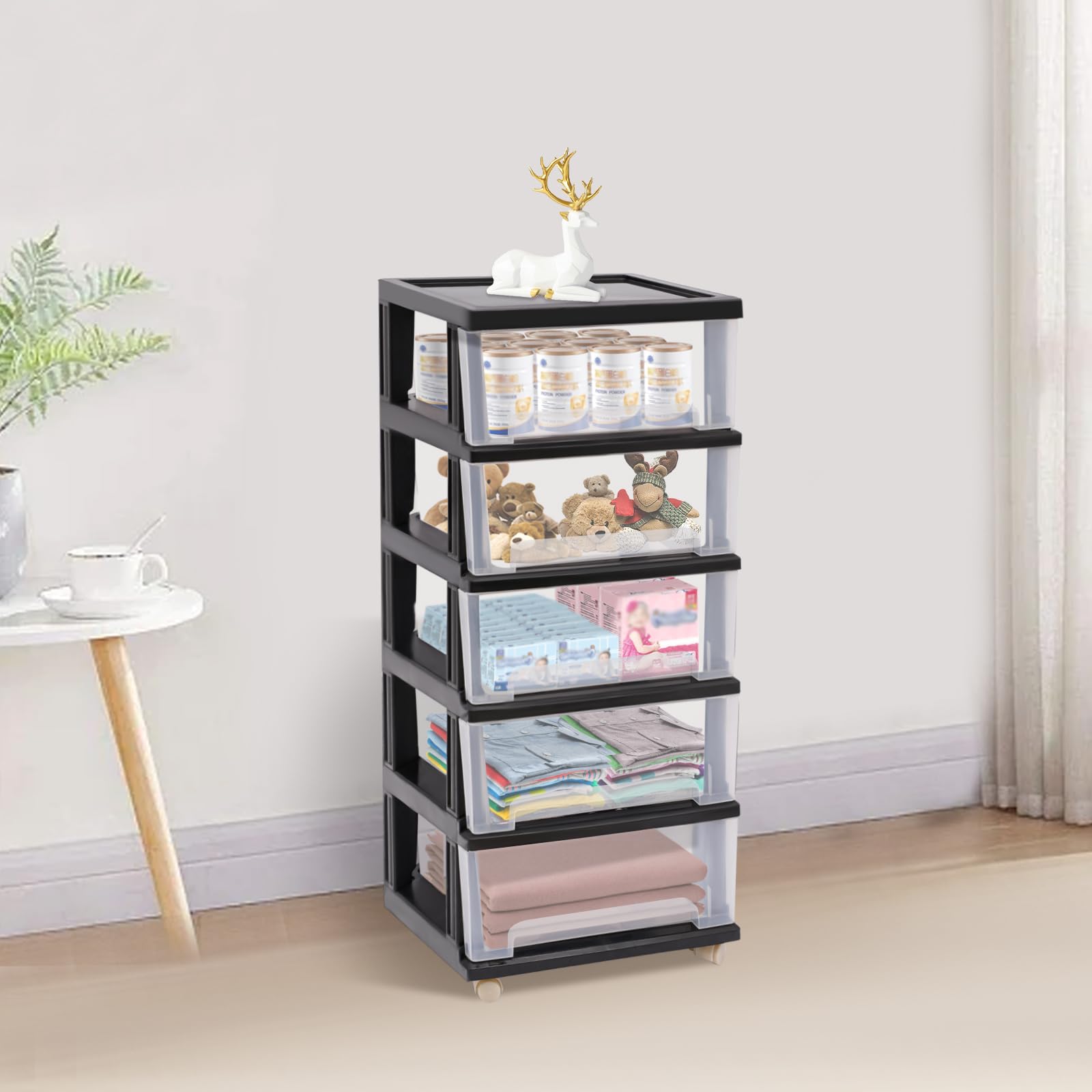 Cassettiera in plastica con ruote, 5 cassetti profondi, manico a scomparsa, per camera da letto, bagno, scuola e ufficio, design a scatto antiscivolo, 2 aste fisse, organizer per cassetti