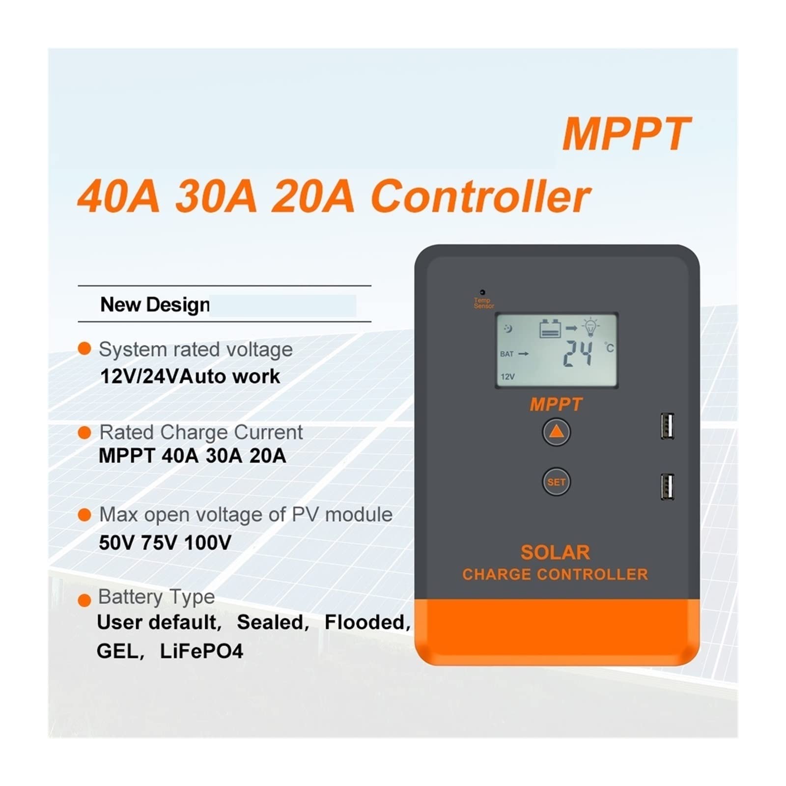 Kontroler Wiatru kontroler ładowania słonecznego MPPT 20A 30A 40A 12/24V automatyczne ustawianie baterii czas pracy maksymalne napięcie PV 100VDC praca na panelu słonecznym(40A)