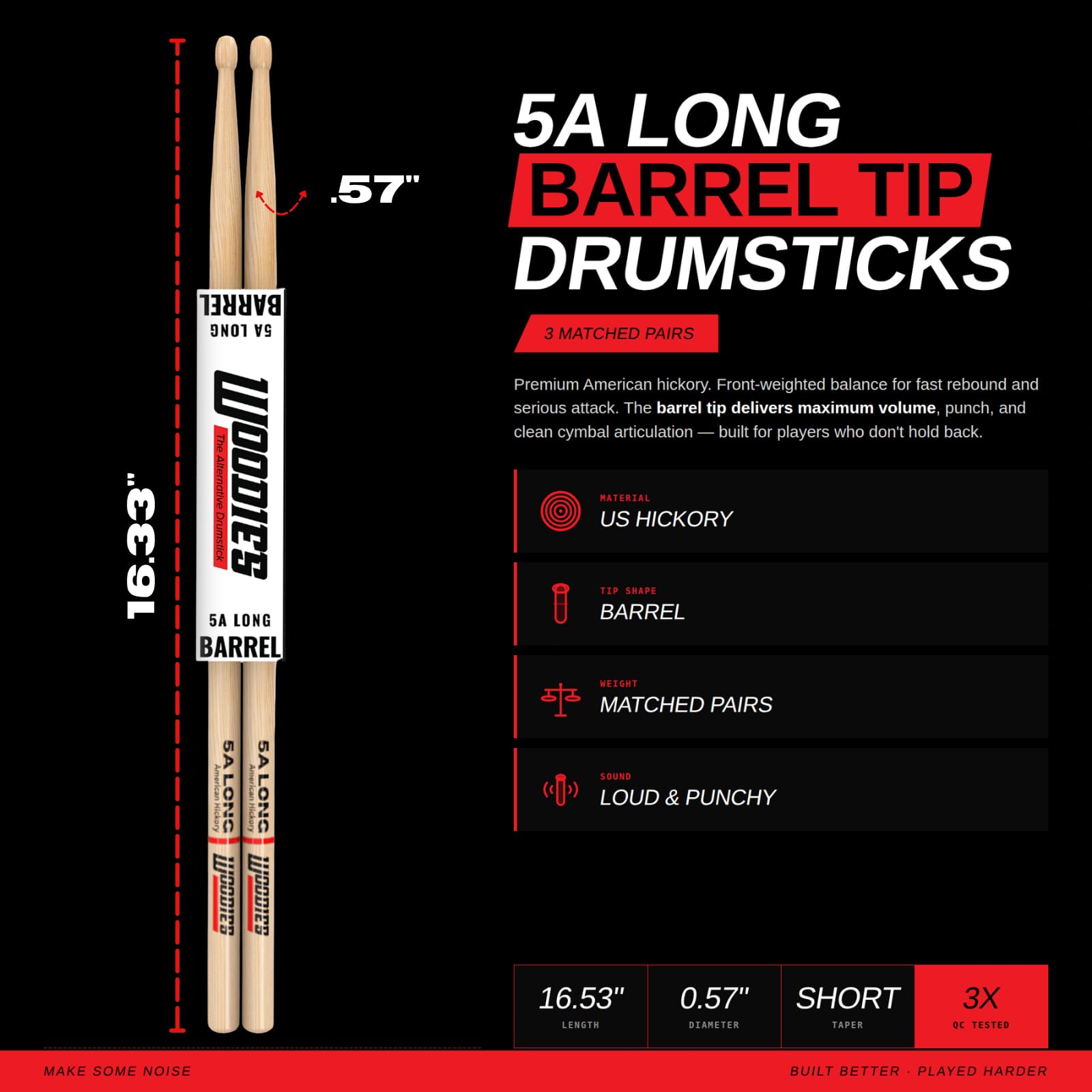 Woodies 5A lange Drumsticks Barrel Tip - American Hickory Wood Drum Sticks für Drummers, Gewicht abgestimmt, Roll Tested, Langlebig - 3 Pack Bundle