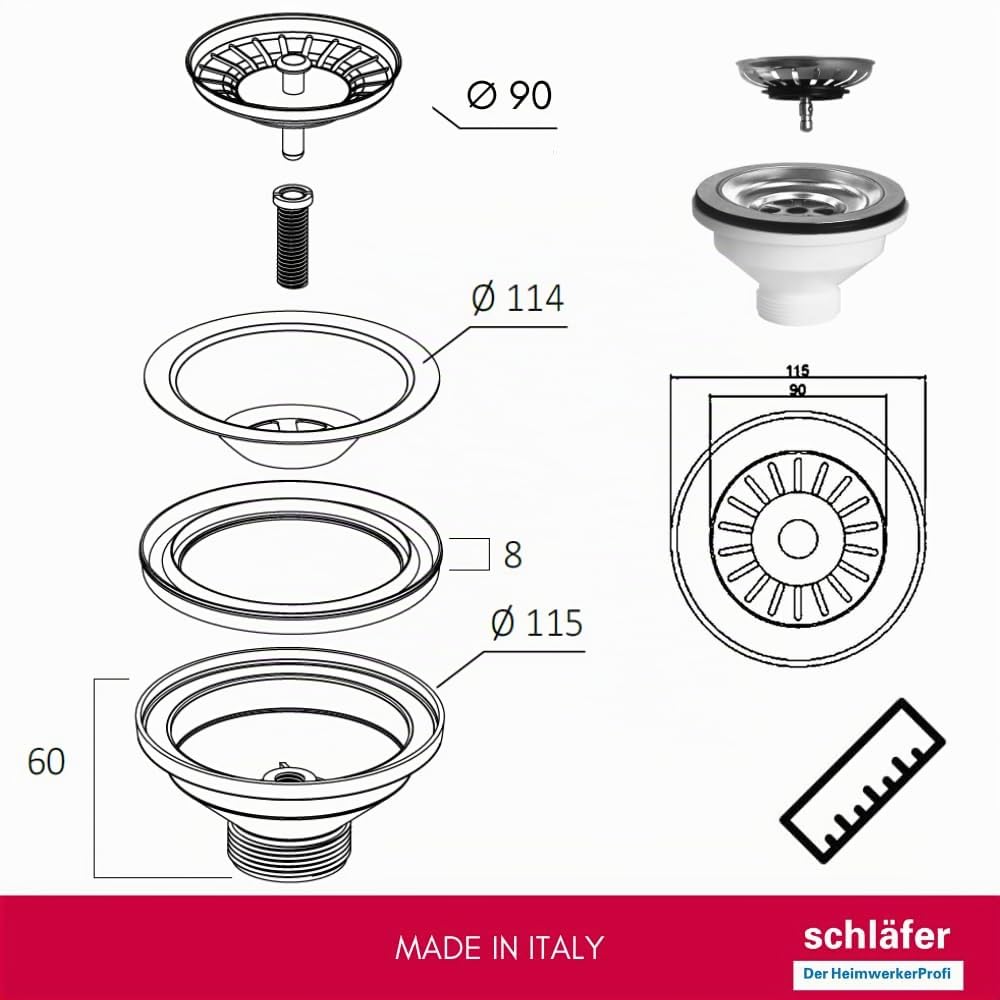 Schläfer | Lot de 2 Bondes à Panier Évier Cuisine Ø 90 mm - Vidage Manuel Sans Trop-Plein - 439726.02 - Grille Inox Ø 114 mm & Corps Recyclé - Sortie 1 1/2" (40/49) - Made in Italy