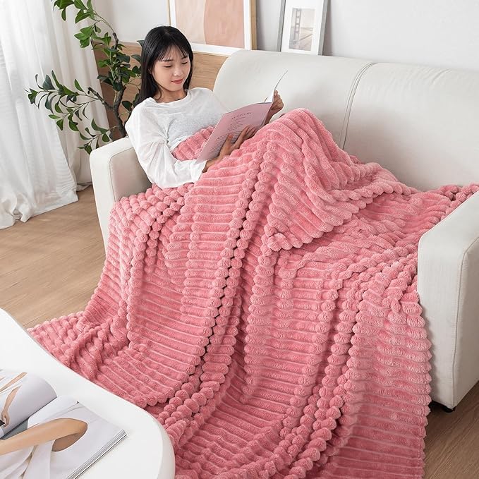 Image of WONJU Ultra Plush Mink Blanket | Soft Warm Fleece Blanket for Double Bed | Luxury Winter Blanket for Bed, Sofa, Couch & Travel | Machine Washable (Pink)