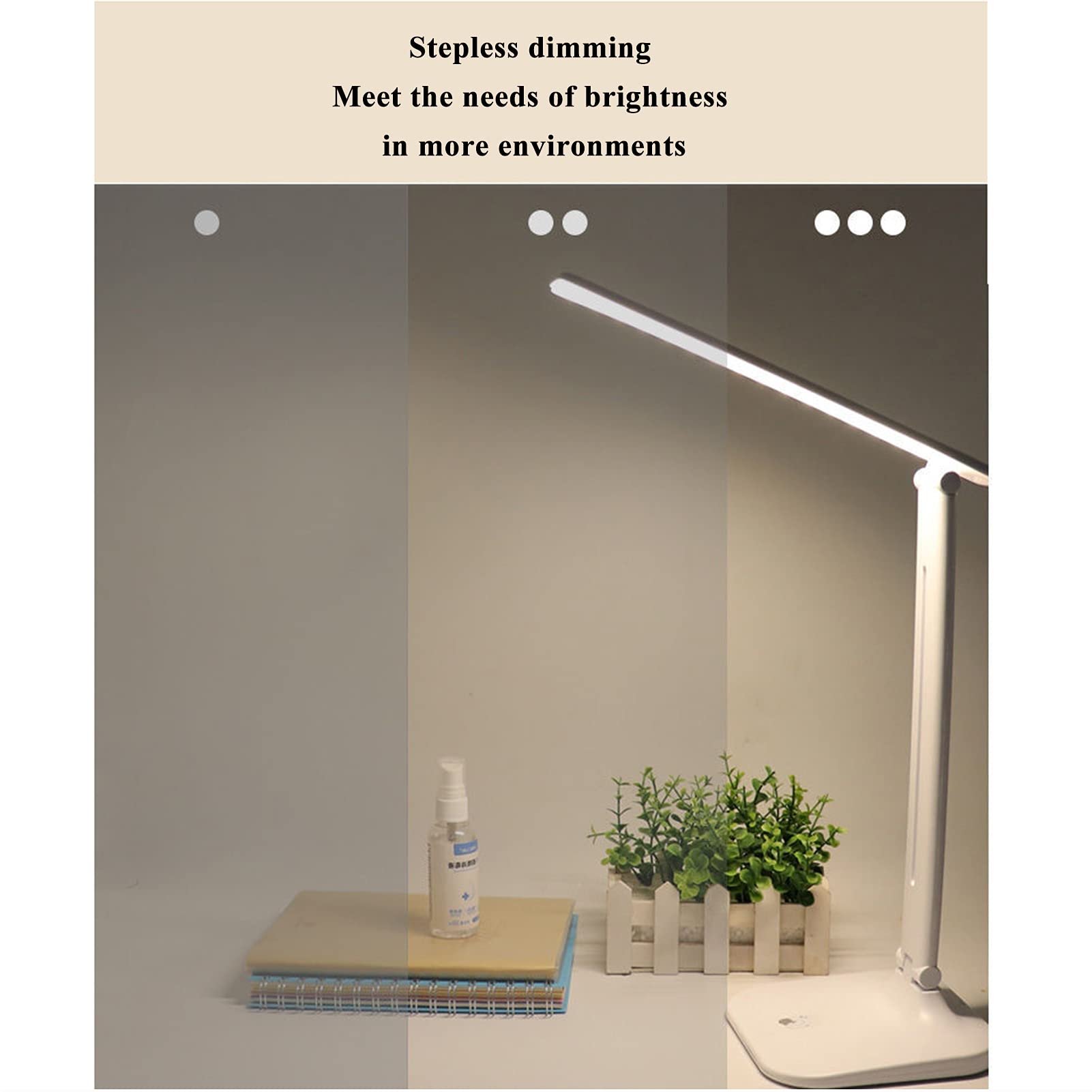 Lampa biurkowa, lampa do sypialni, Biała ściemnialna dioda LED do biura, składane lampy stołowe chroniące wzrok, port ładowania USB, 3 tryby oświetlenia, sterowanie dotykowe - 48 diod LED