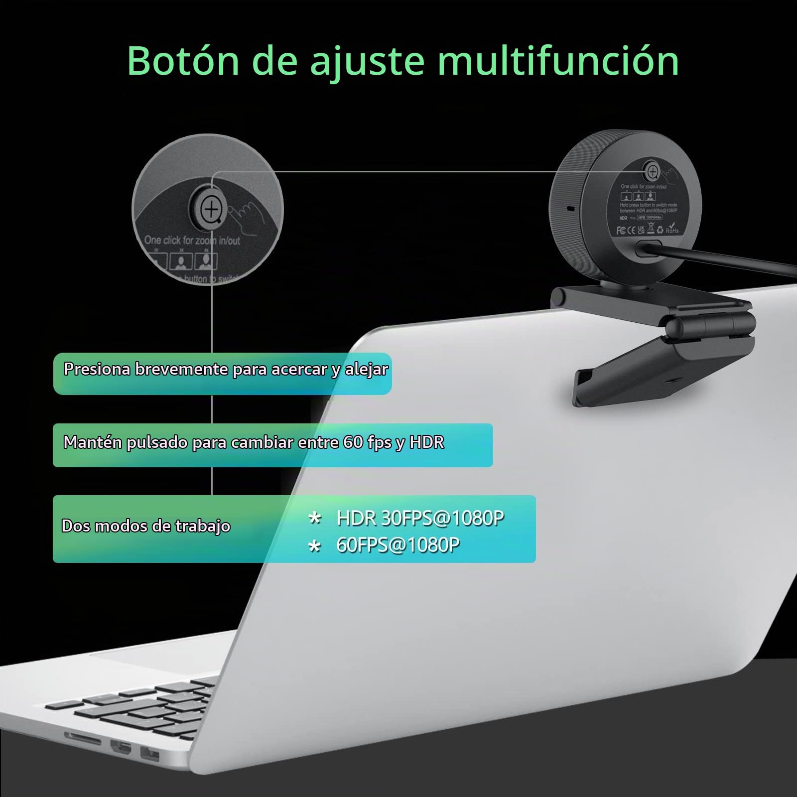 Angetube Webcam 1080p con Luz de Anillo para Streaming: Cámara Web USB 60FPS con micrófono-HDR-HD con corrección automática de la luz, con FOV Ajustable, para Equipos, Zoom, PC/Laptop/Mac/Desktop