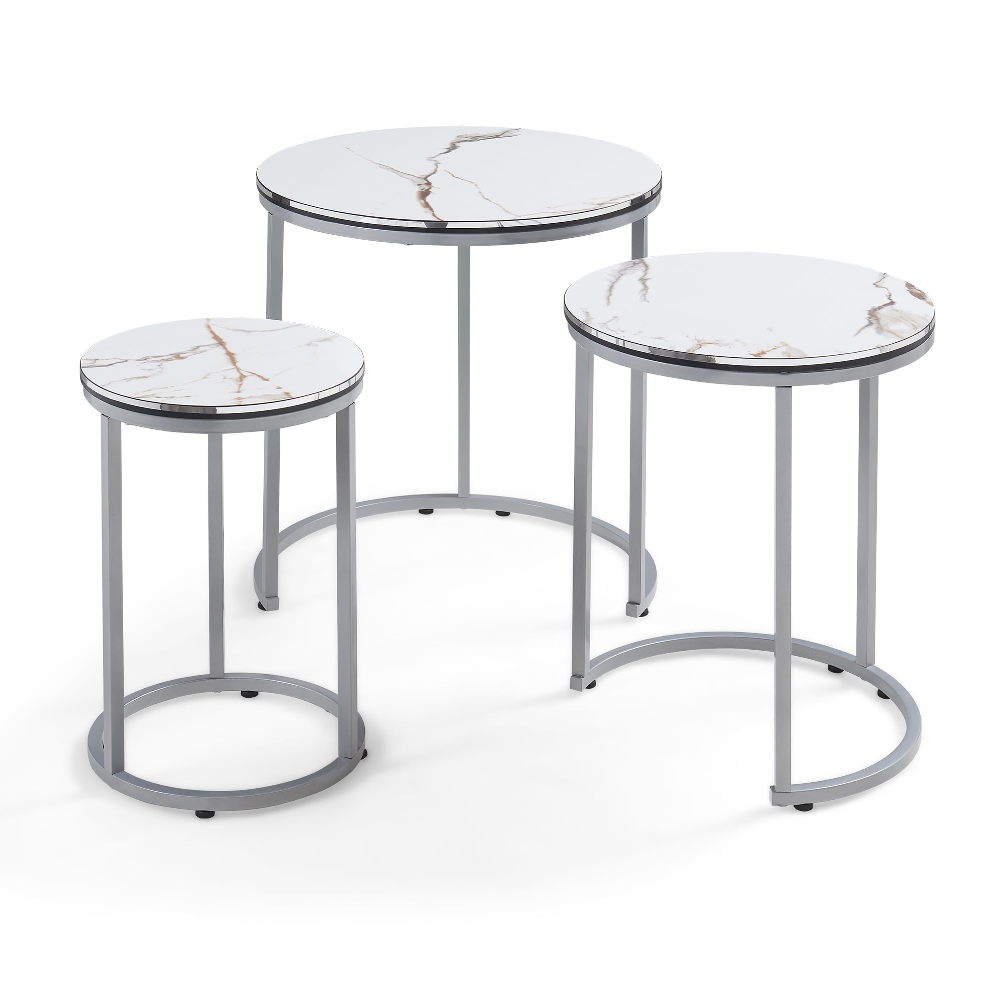 [en.casa] Set di 3 Tavolini da Salotto Tavolini Sovrapponibili con Telaio in Metallo e Piano Rotondo in Effetto Marmo Bianco