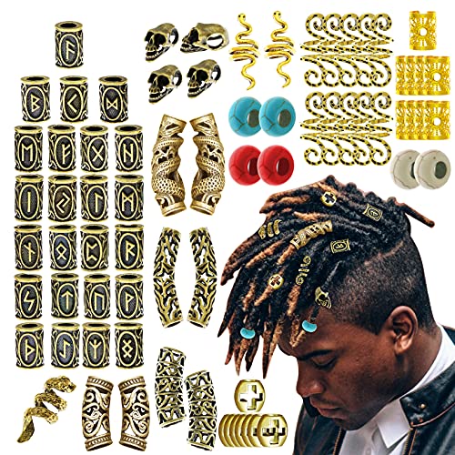85Pcs Viking Norse Rune Beard Beads Ring Hair Braids Dreadlock Dreads Skull Snake Wolf Cross Turquoise Filigree Cuff Pirate Accessories Clips Pins Tube Locs Hair Extension Jewelry Vintage Gold #TOP21
