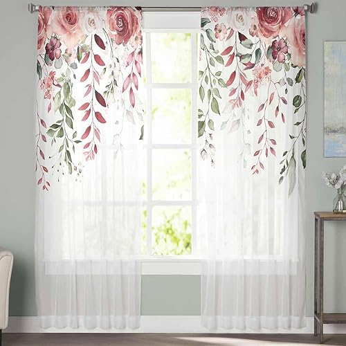 Miniatura 2 de Juego de 2 paneles de cortinas traslúcidas para el día de San Valentín, diseño de hojas de rosa sobre flores blancas con bolsillo para barra,