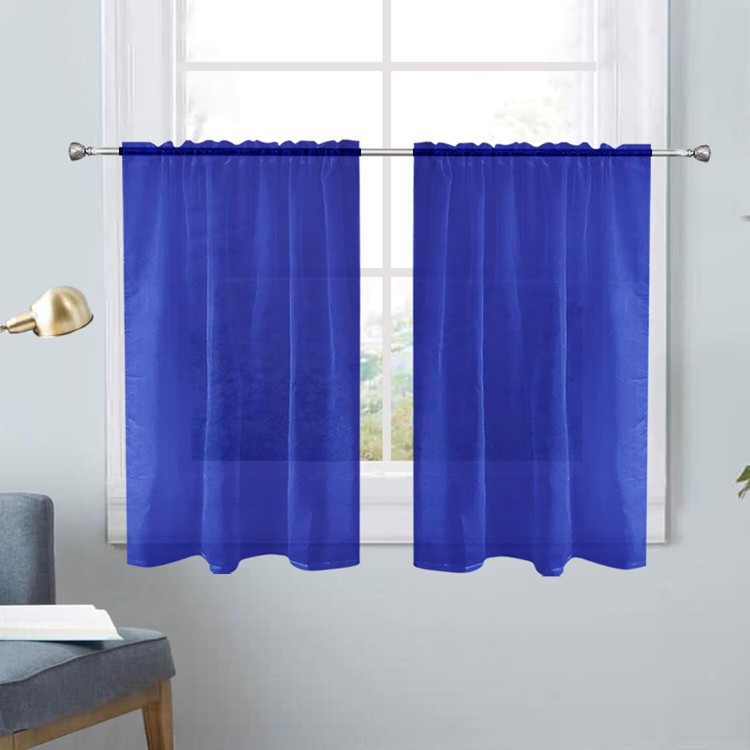 SpaceDresser Basic Rod Pocket Sheer Voile Window Curtain Panels Blue Sapphire 1 Pair 2 Panels 26 Width 30 Inch Long for Kitchen Bedroom Children Living Room Yard（Blue Sapphire，26Wx 30L）