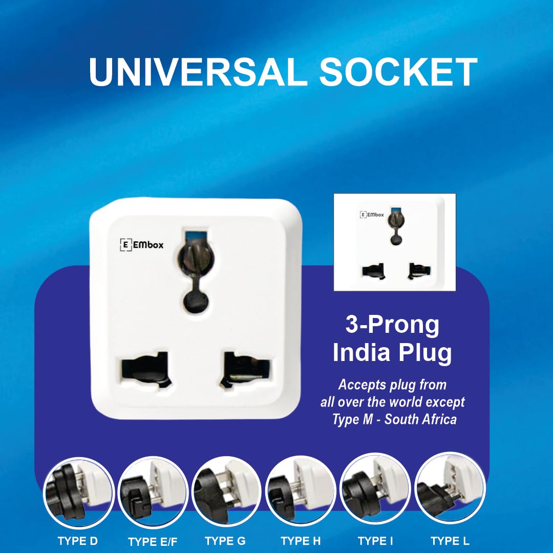 Embox 2 Pin Multi Plug Socket Type D Universal Adapter Compatible with US, UK, China Compact Plug Extension Socket and Converter for Computer Laptop Phone Camera, 6A Pack of 1 — Amazon image 4