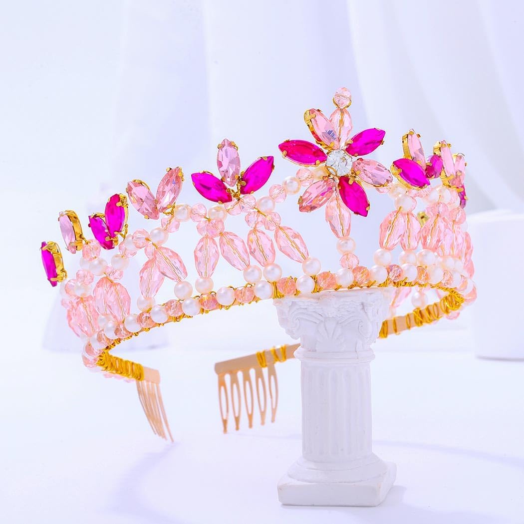 Campsis Wedding Crystal Headband Rhinestone Crown Tiaras Pearl Flower Bride Headpiece for Women and Girls - Image 5