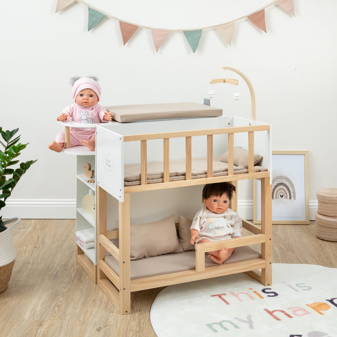 Ella & Piet® Großes Puppenpflegecenter Nursery 6in1 aus Holz (Weiß-Schlamm) Puppenbett Puppenschrank, Badewanne, Hochstuhl