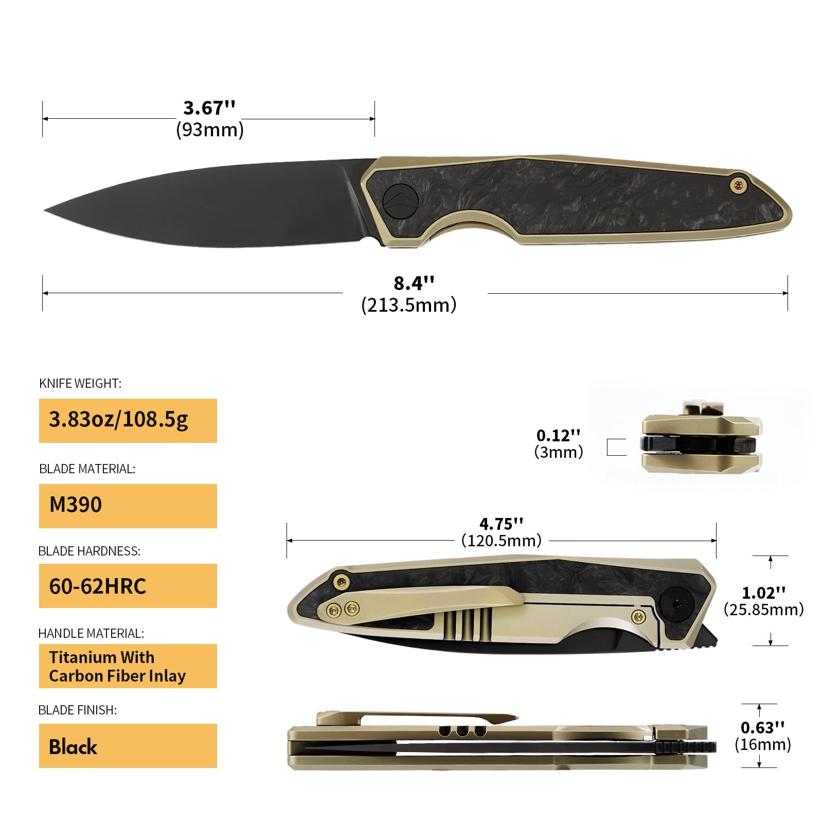 Taschenmesser Klappmesser Outdoor Messer Survival Messer EDC Einhandmesser mit Taschenclip, Tasche - M390 Stahl, Griff mit Titan- und Kohlefasereinlage - Männer Geschenk (Black & Golden)