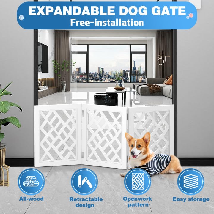 Condition photo showing New/Like New for cut-out design 16" short dog gate for small dogs, foldable retractable puppy gate indoor - freestanding lightweight pet barrier for doorways, stairs, hallways (extends to 35", white)
