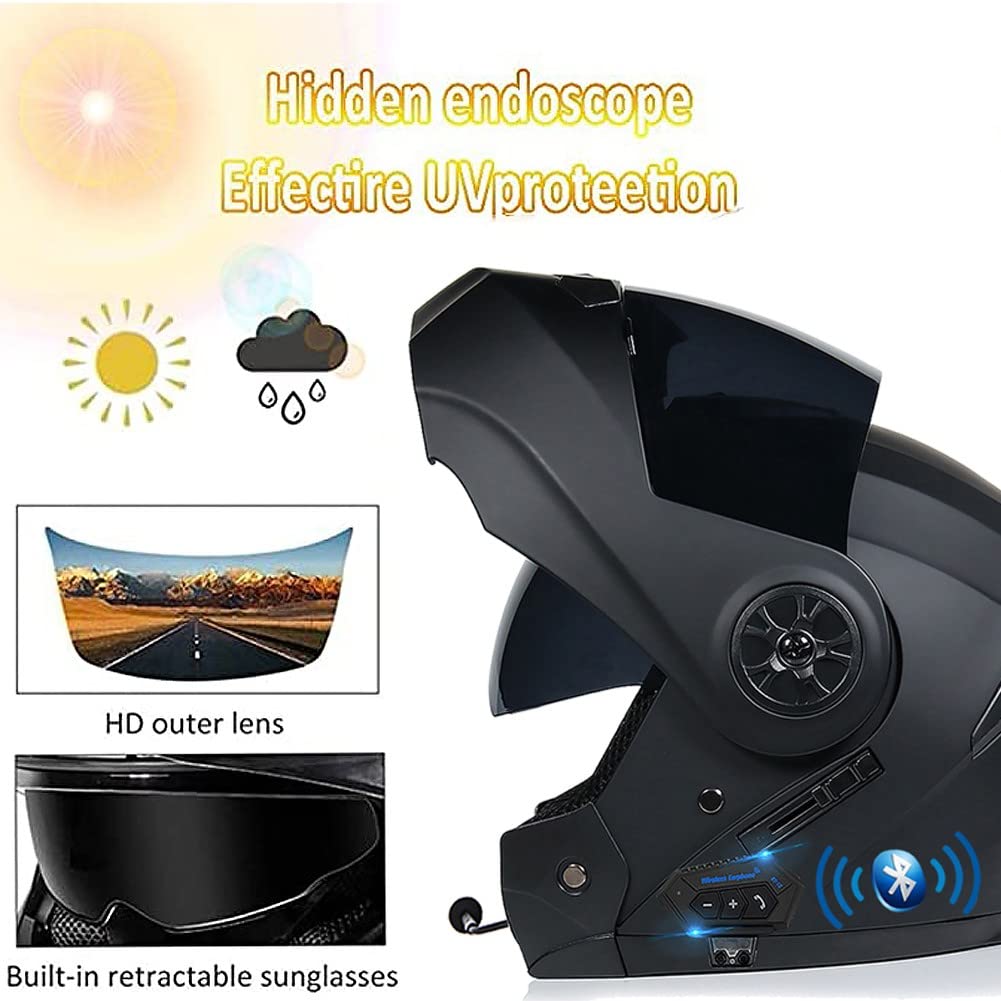 Klapphelm mit Bluetooth, Integriert Motorradhelm mit Doppelvisier, ECE Zertifiziert Integralhelm, mit Eingebautem Mikrofon für Automatische Reaktion, für Erwachsene Frauen Männer