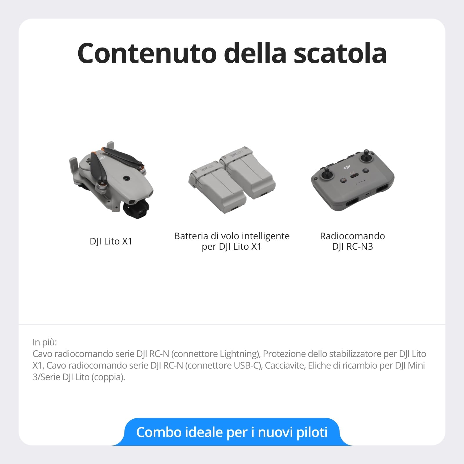 DJI Lito X1 Combo Due Batterie con DJI RC-N3, drone con fotocamera 4K per principianti, rilevamento degli ostacoli, ActiveTrack, sensore da 1/1,3 pollici, leggero per adulti, 2 batterie, C0