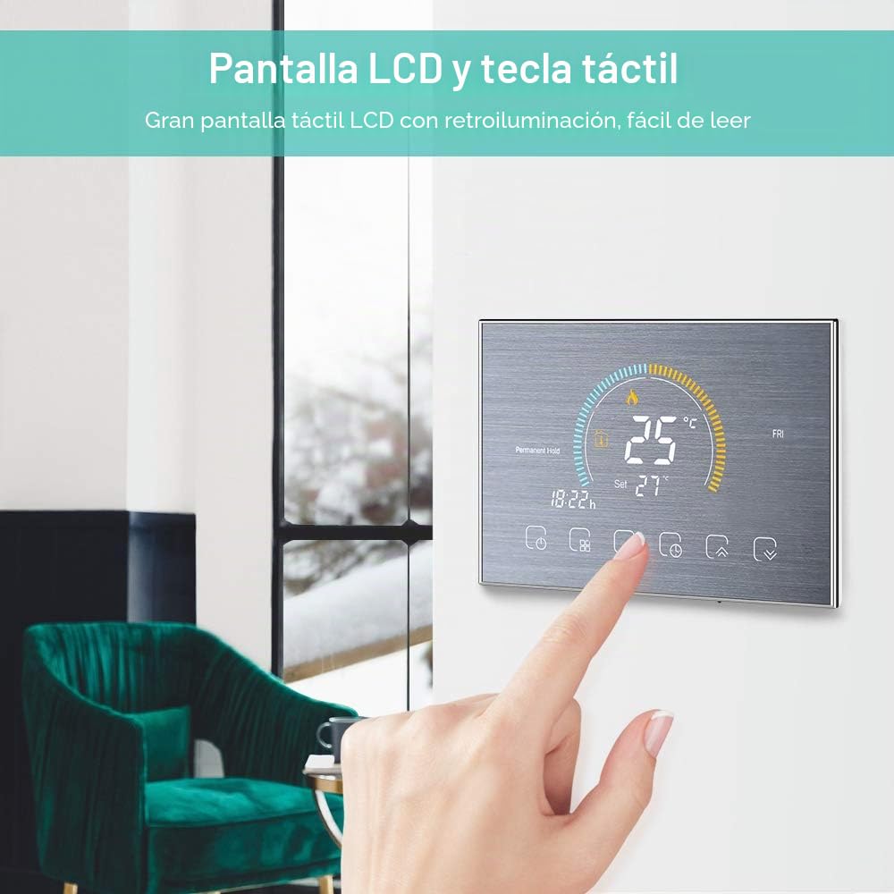 Kavolet Termostato programable Inteligente WiFi para Caldera de Agua/Gas, con índice UV/Pantalla de Humedad/función de Bloqueo, Control de aplicación de Voz