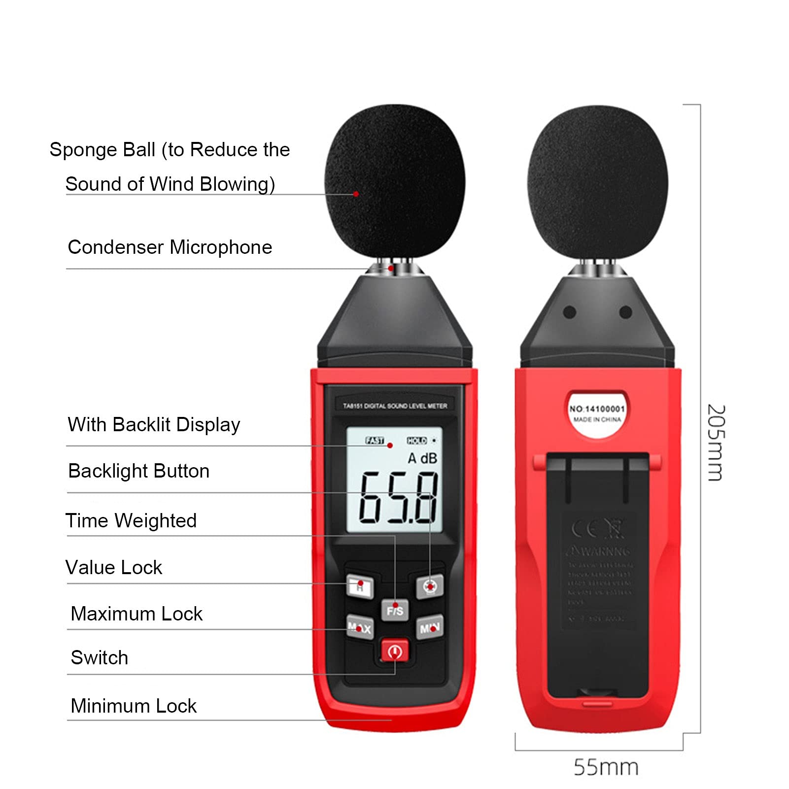 Mini medidor de nivel de sonido digital, comprobador de ruido digital con lector de ruido, rango de 30 a 130 dB, for control de calidad del sonido.,Decibelímetro