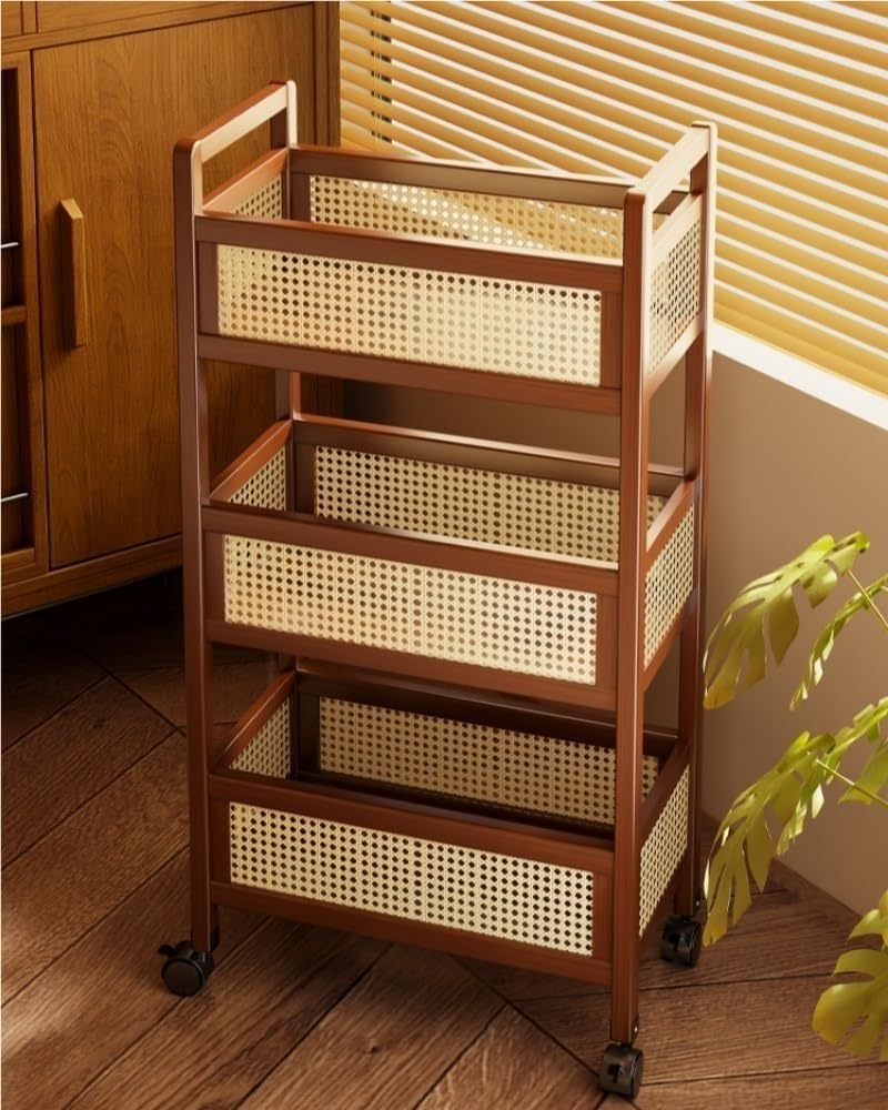 Carrito rodante multifuncional con ruedas, estante de ratán con barandillas para sala de estar, cocina, entrada, 50 cm, solución de almacenamiento versátil