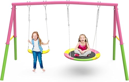 Miniatura 16 de Juego de columpios para patio trasero con soporte, columpio de metal resistente de 440 libras, soporte de columpio para exteriores, contiene 1