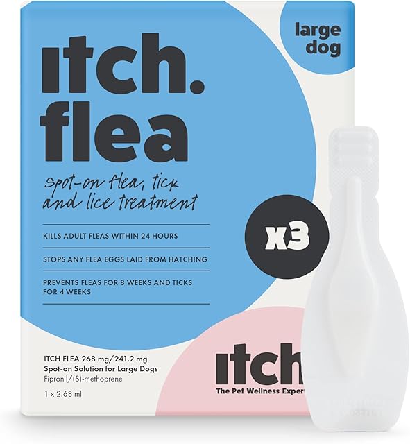 Itch | Flea & Tick Treatment Spot-On Solution for Large Dogs | Kills Fleas, Lice, Ticks, Eggs and Larvae | With Fipronil and S-methoprene | 3 Pipettes | Dogs 20kg - 30kg