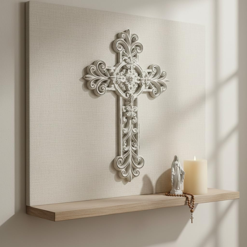 Comfy Hour 12" White Cross for Wall Decor, Rustic Antique Style Religious Plaque, Artisan Finished Vintage Victorian Wall Art for Home Sanctuary, Resin Sculpture