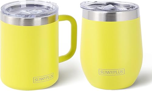 SUNNYPLUS Taza aislada de 12 onzas y 12 onzas, taza de viaje de café con asa y tapa, vaso con popote y tapa, acero inoxidable de doble pared al