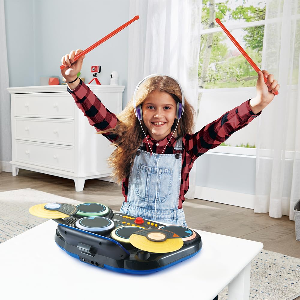 VTech Kidi DJ Drums, elektroniczny akumulator dla dzieci z podkładkami świecącymi, grami muzycznymi, trybem Bluetooth i wbudowanym mikrofonem, pałeczkami w zestawie, język włoski, baterie w zestawie,
