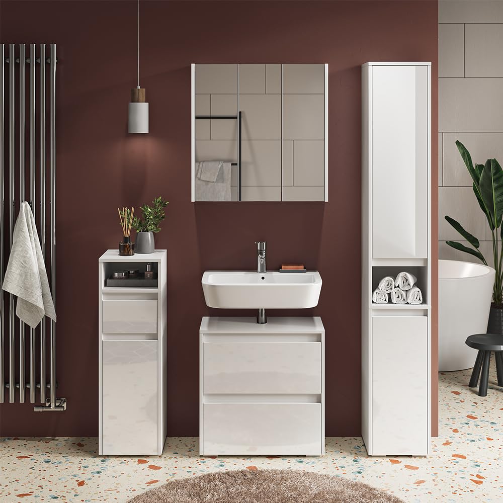 Vicco Meuble Salle de Bain Majest, Blanc Haute Brillance, 30.2x191.5cm | avec portes et compartiment ouvert, pour le rangement avec six étagères réglables