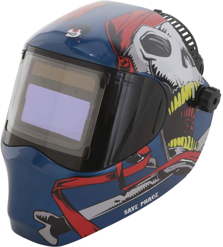 Royal Blue Auto-Darkening Welding Helmet with Skull and Scythe Design