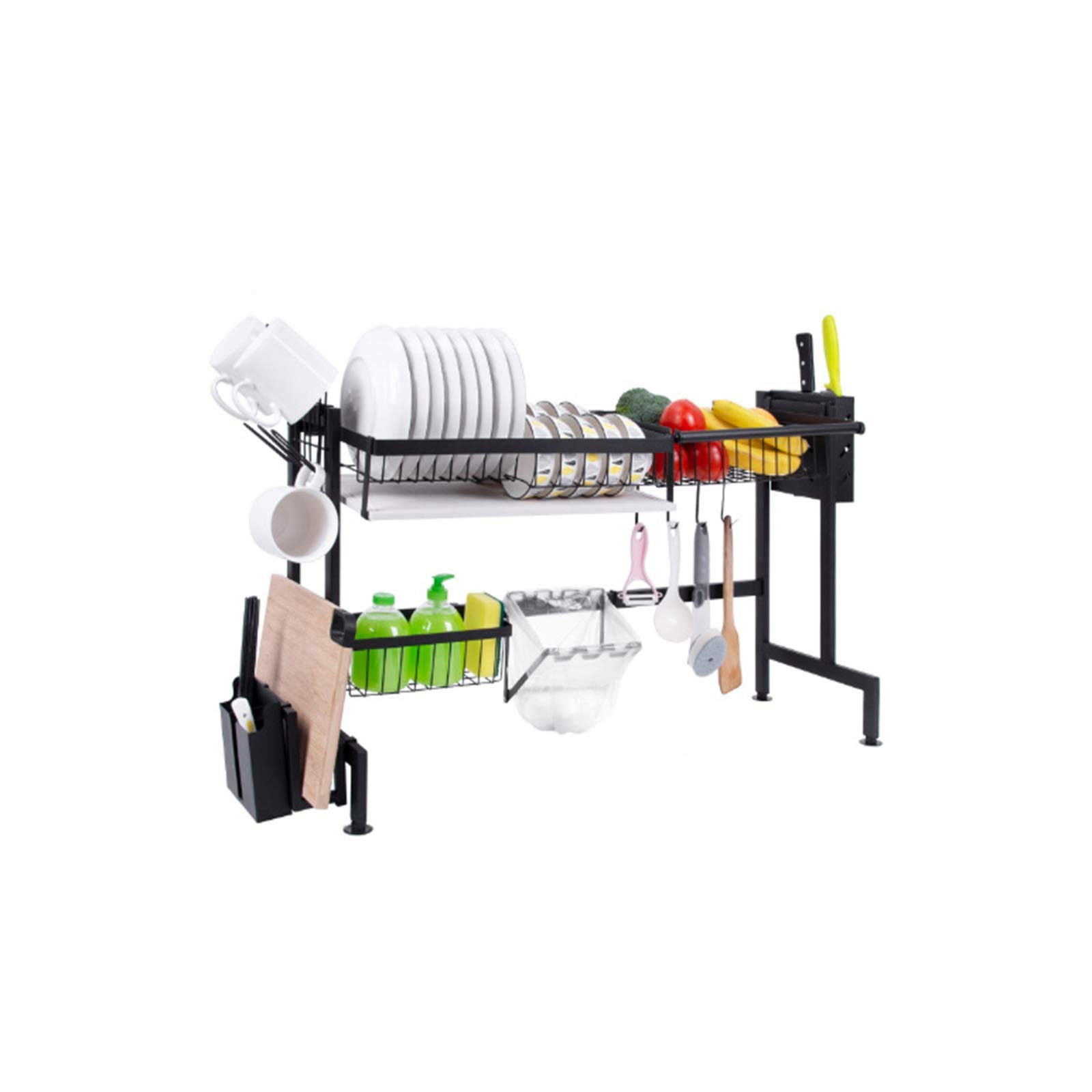 Scolapiatti su 2 Livelli, Sgocciolatoio in Acciaio Compatto & Robusto, Salvaspazio, 86x31x51cm, Nero, Inox, Risparmiare Spazio