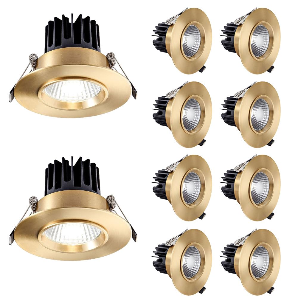 ASerZenith 3.9 Inch Round Brushed Brass Downlight Luminaire, 10-Pack Led Recessed Light Fixtures Ceiling Lights, Brushed Brass Finish,Dimmable Eyeball Retrofit Spotlight,Cri 90+,Brass