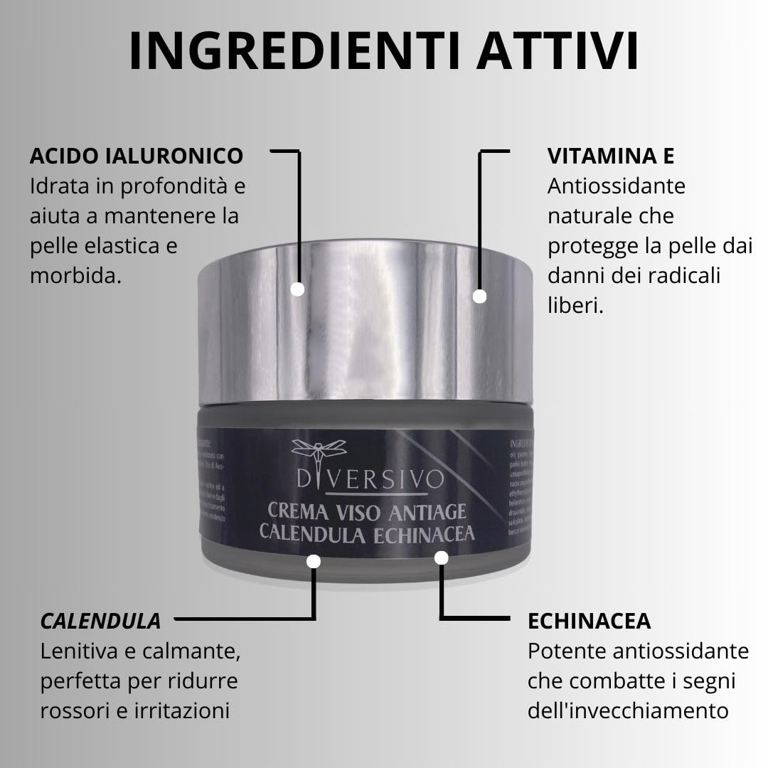 DIVERSIVO - Crema Viso Antirughe - Idratante e Rassodante con Echinacea, Calendula e Acido Ialuronico - Anti-Età Naturale - 50ml