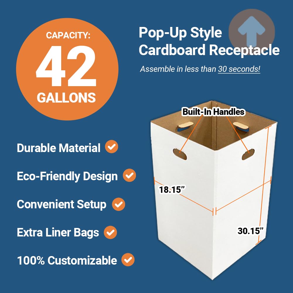 Event Bundle of 42-Gallon Cardboard Trash, Waste, and Recycling Bins with Various Lids (8 Pack) – Popup Style Disposable & Reusable Containers for Parties, Weddings, Festivals & Large Gatherings